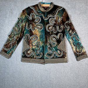 Obstinee By Ika Jacket 6 Teal Brown Velvet Beaded Art to Wear Embroidered Artsy